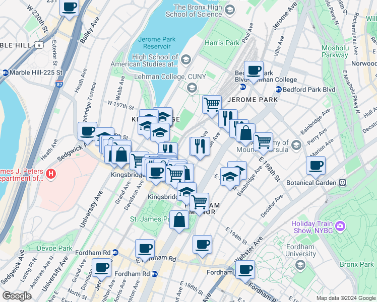 map of restaurants, bars, coffee shops, grocery stores, and more near 2758 Morris Avenue in Bronx