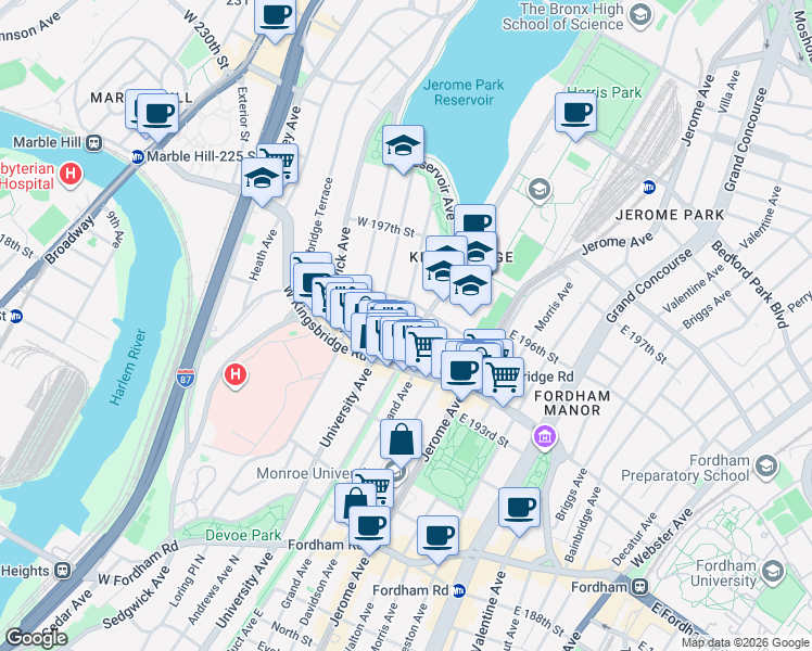 map of restaurants, bars, coffee shops, grocery stores, and more near in The Bronx
