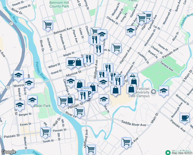 map of restaurants, bars, coffee shops, grocery stores, and more near 138 Midland Avenue in Garfield