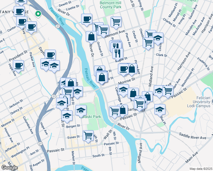 map of restaurants, bars, coffee shops, grocery stores, and more near 25 Monroe Street in Garfield