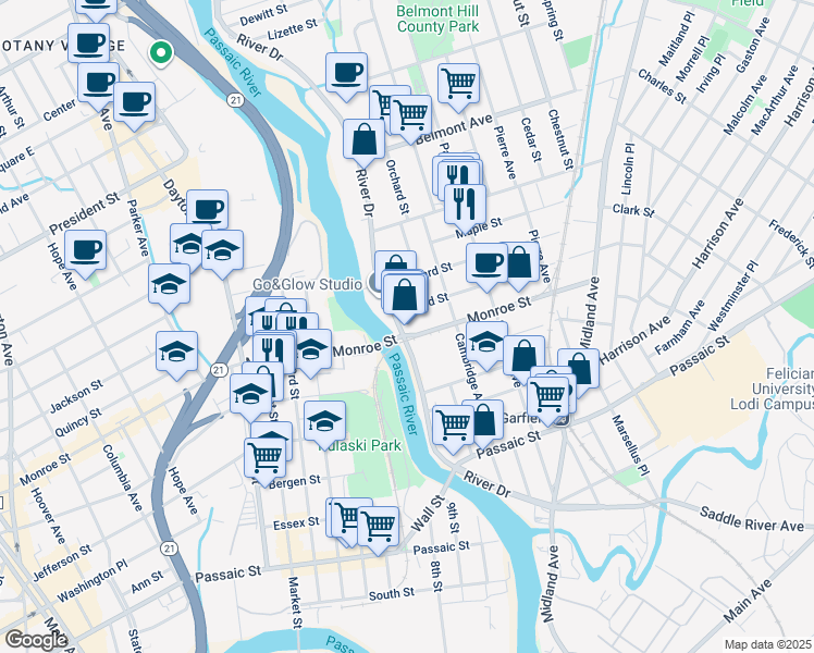 map of restaurants, bars, coffee shops, grocery stores, and more near 323 River Drive in Garfield