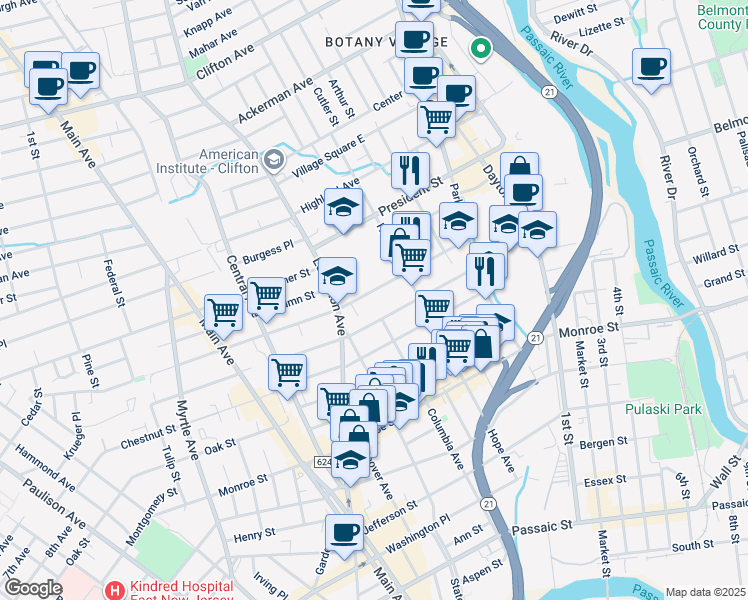 map of restaurants, bars, coffee shops, grocery stores, and more near 86 Sherman Street in Passaic