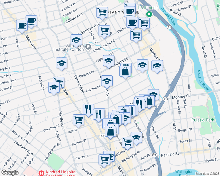 map of restaurants, bars, coffee shops, grocery stores, and more near 156 Lexington Avenue in Passaic