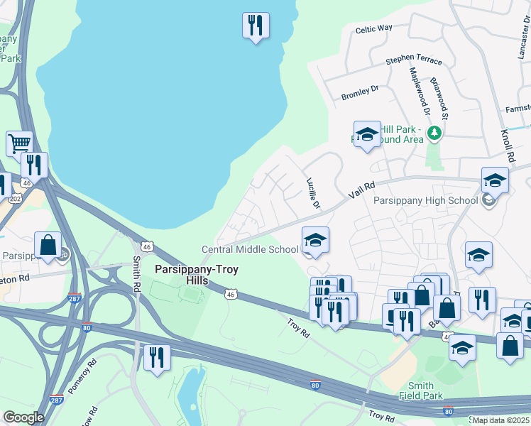map of restaurants, bars, coffee shops, grocery stores, and more near Miriam Court in Parsippany-Troy Hills
