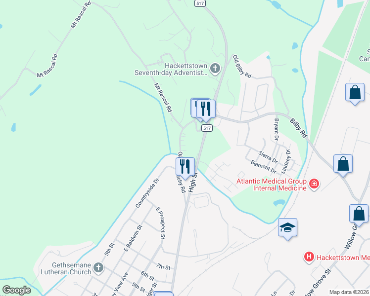 map of restaurants, bars, coffee shops, grocery stores, and more near 909 County Road 517 in Hackettstown