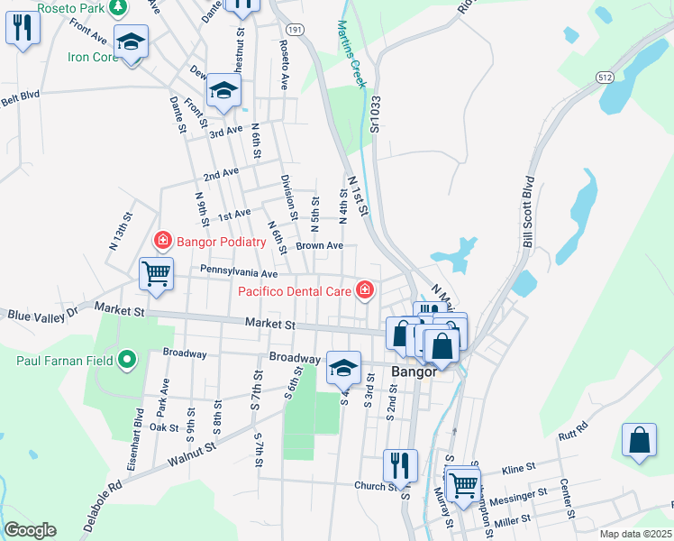 map of restaurants, bars, coffee shops, grocery stores, and more near 407 Pennsylvania Avenue in Roseto