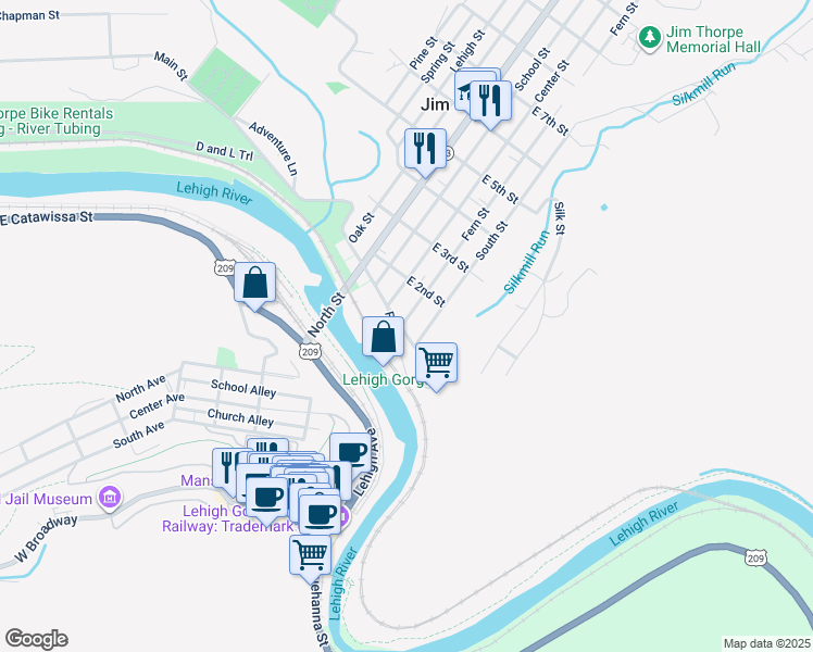 map of restaurants, bars, coffee shops, grocery stores, and more near 17 East Front Street in Jim Thorpe