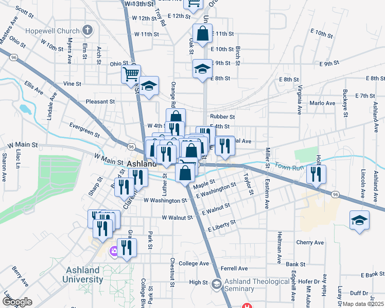 map of restaurants, bars, coffee shops, grocery stores, and more near 88 East Main Street in Ashland