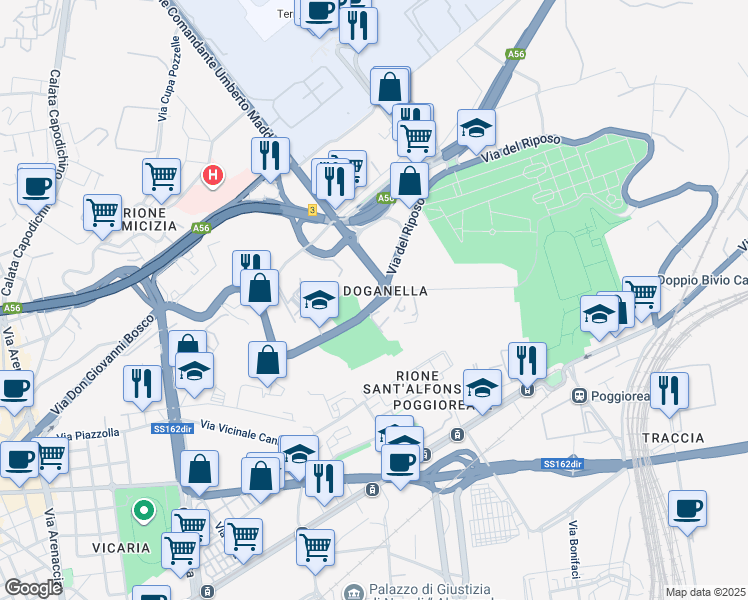 map of restaurants, bars, coffee shops, grocery stores, and more near 28 Via Nuova del Campo in Napoli