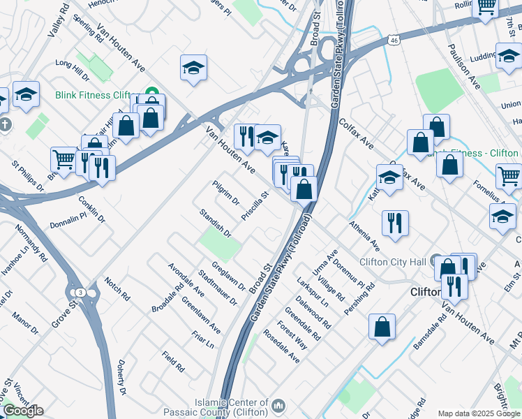 map of restaurants, bars, coffee shops, grocery stores, and more near 91 Thanksgiving Lane in Clifton