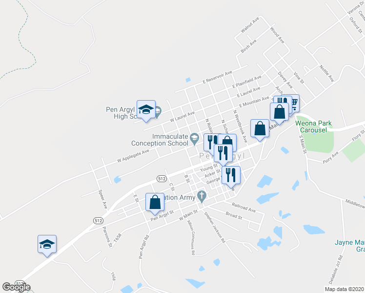 map of restaurants, bars, coffee shops, grocery stores, and more near 203 North Heller Avenue in Pen Argyl