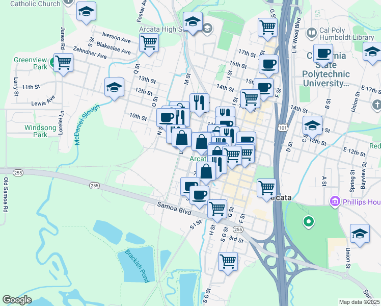 map of restaurants, bars, coffee shops, grocery stores, and more near 801 K Street in Arcata