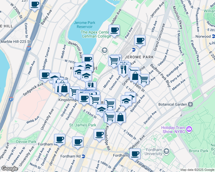 map of restaurants, bars, coffee shops, grocery stores, and more near 2778 Morris Avenue in Bronx