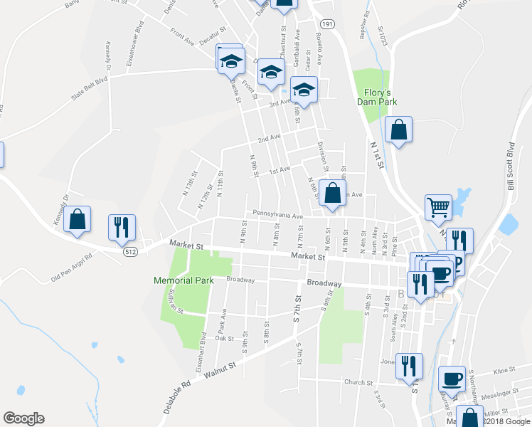 map of restaurants, bars, coffee shops, grocery stores, and more near 821 Pennsylvania Avenue in Bangor