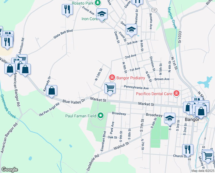 map of restaurants, bars, coffee shops, grocery stores, and more near 988 Upper Pennsylvania Avenue in Bangor