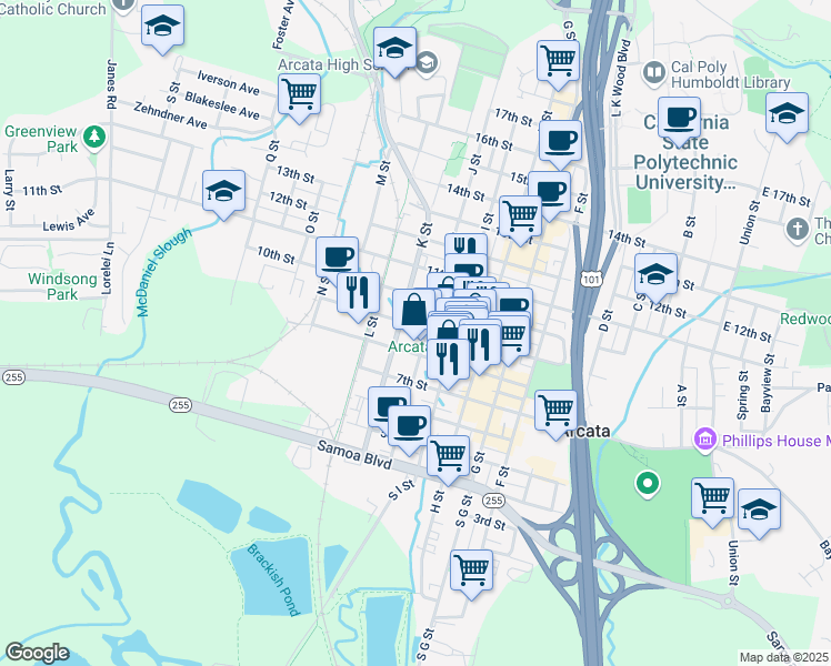 map of restaurants, bars, coffee shops, grocery stores, and more near 1039 9th Street in Arcata