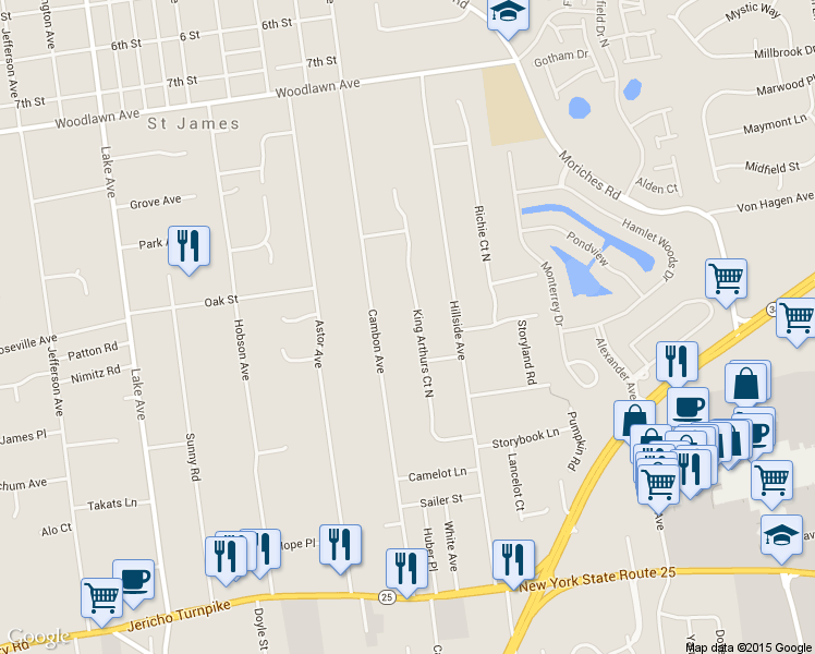 map of restaurants, bars, coffee shops, grocery stores, and more near 32 King Arthurs Court in Saint James
