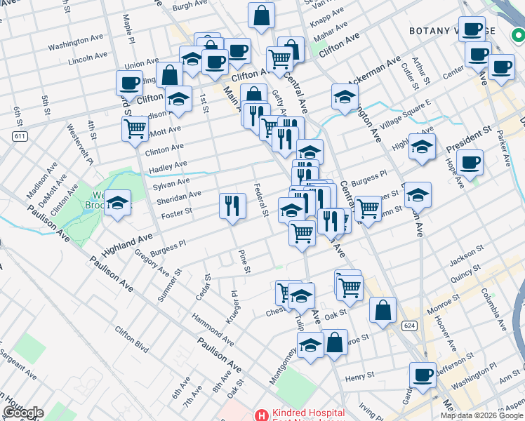map of restaurants, bars, coffee shops, grocery stores, and more near 178 Burgess Place in Passaic