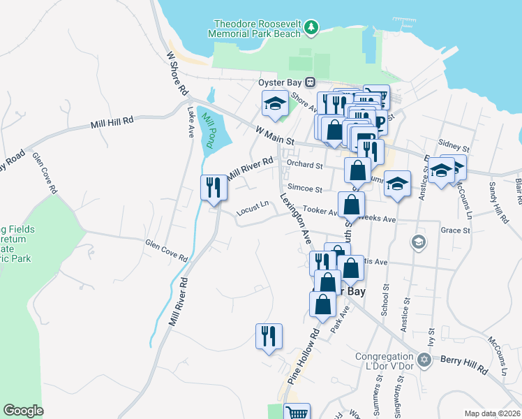 map of restaurants, bars, coffee shops, grocery stores, and more near 54 Capitol Heights Road in Oyster Bay