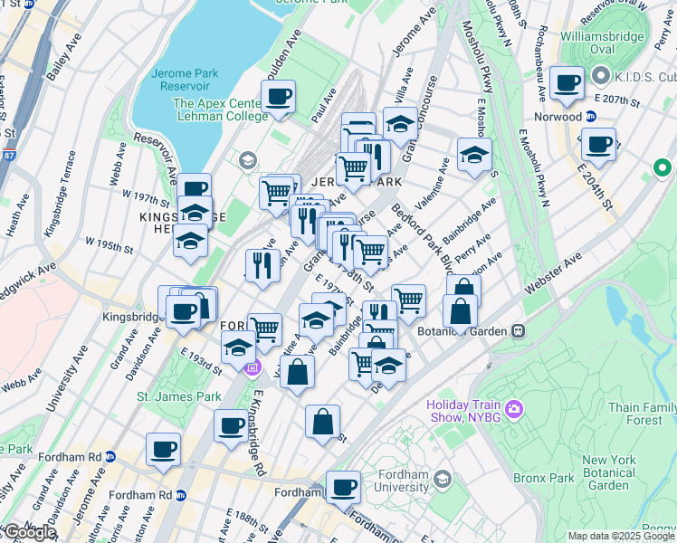 map of restaurants, bars, coffee shops, grocery stores, and more near 2834 Valentine Avenue in Bronx