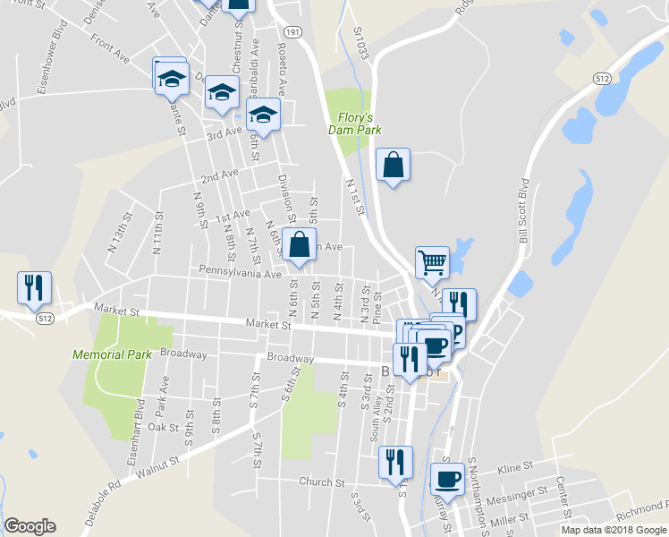 map of restaurants, bars, coffee shops, grocery stores, and more near 407 Pennsylvania Avenue in Bangor