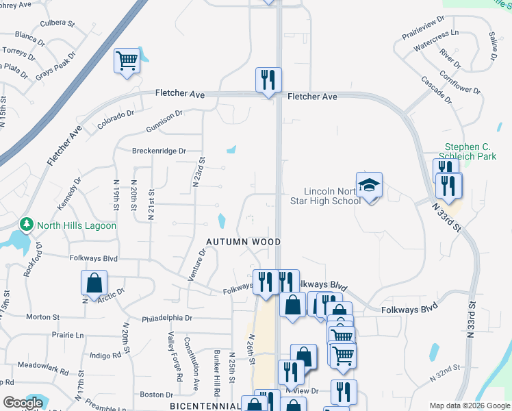 map of restaurants, bars, coffee shops, grocery stores, and more near 5728 Enterprise Drive in Lincoln
