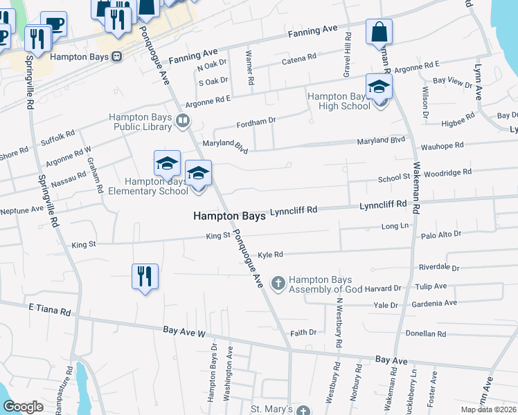 map of restaurants, bars, coffee shops, grocery stores, and more near 10 Lynncliff Road in Hampton Bays