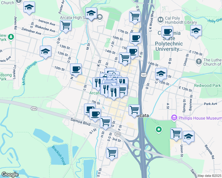 map of restaurants, bars, coffee shops, grocery stores, and more near 865 9th Street in Arcata