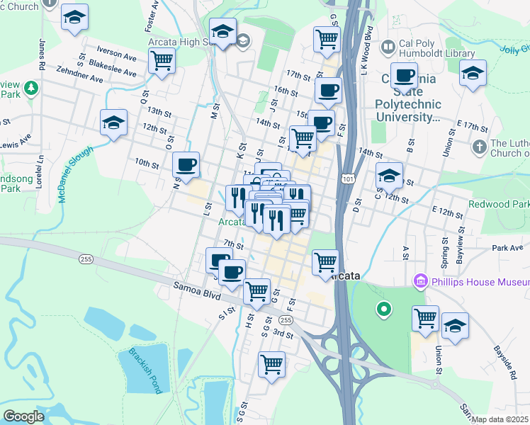 map of restaurants, bars, coffee shops, grocery stores, and more near 865 9th Street in Arcata