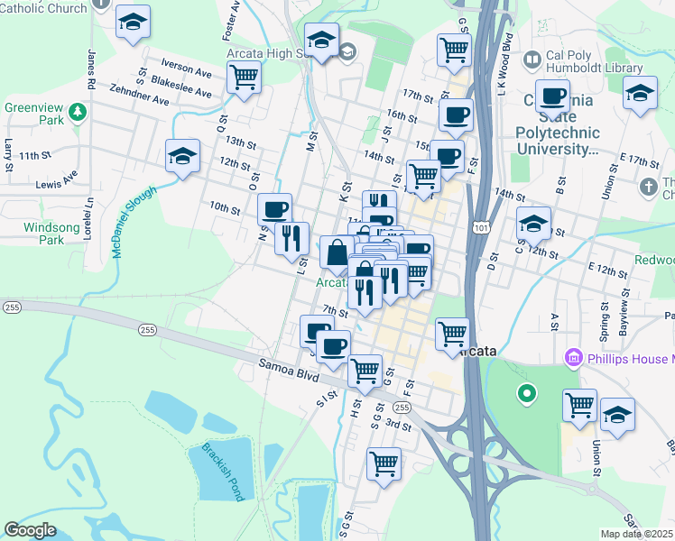 map of restaurants, bars, coffee shops, grocery stores, and more near 811 I Street in Arcata