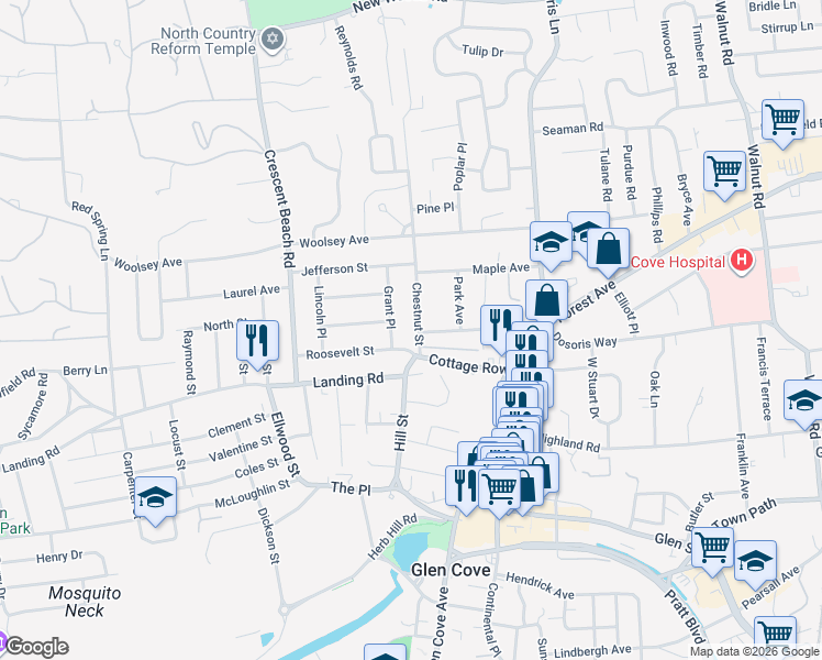 map of restaurants, bars, coffee shops, grocery stores, and more near 2 Roosevelt Street in Glen Cove