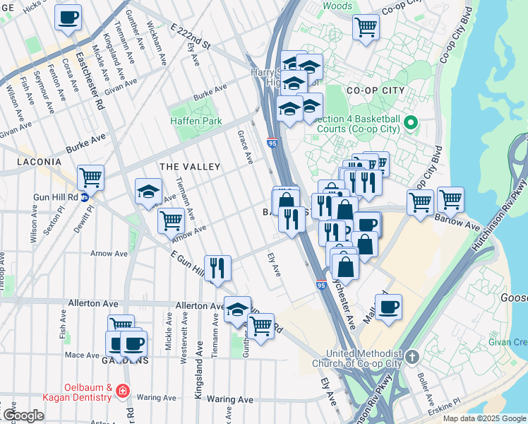 map of restaurants, bars, coffee shops, grocery stores, and more near 2851 Grace Avenue in Bronx