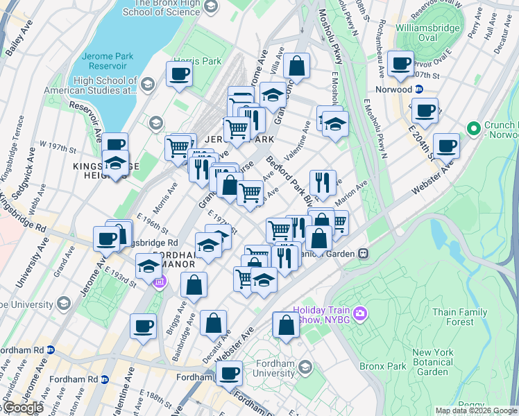 map of restaurants, bars, coffee shops, grocery stores, and more near 271 East 198th Street in Bronx