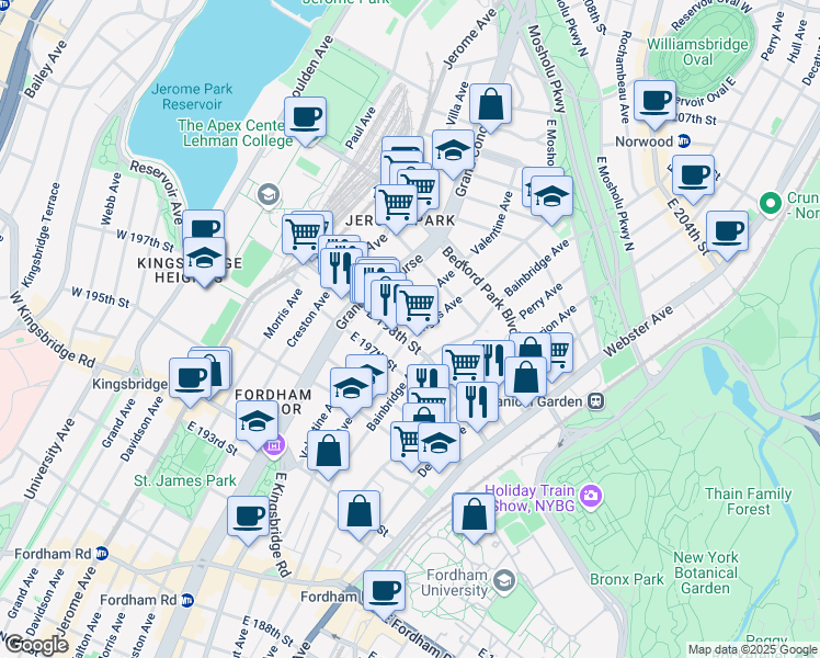 map of restaurants, bars, coffee shops, grocery stores, and more near 271 East 198th Street in Bronx