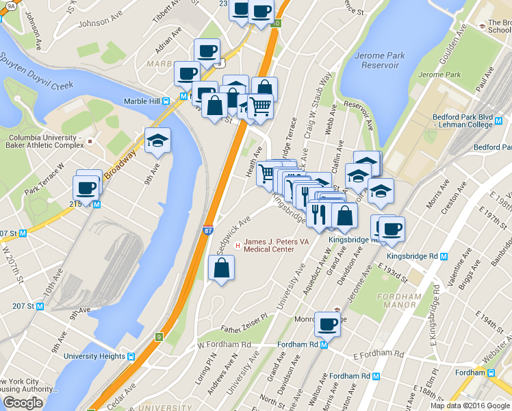 map of restaurants, bars, coffee shops, grocery stores, and more near 2625 Sedgwick Avenue in The Bronx
