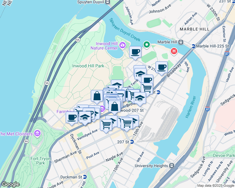 map of restaurants, bars, coffee shops, grocery stores, and more near 647 West 207th Street in New York
