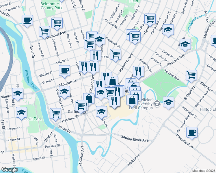 map of restaurants, bars, coffee shops, grocery stores, and more near 21 Farnham Avenue in Garfield
