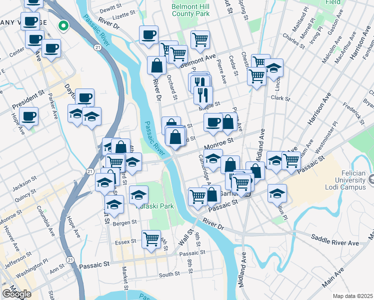 map of restaurants, bars, coffee shops, grocery stores, and more near 25 Monroe Street in Garfield
