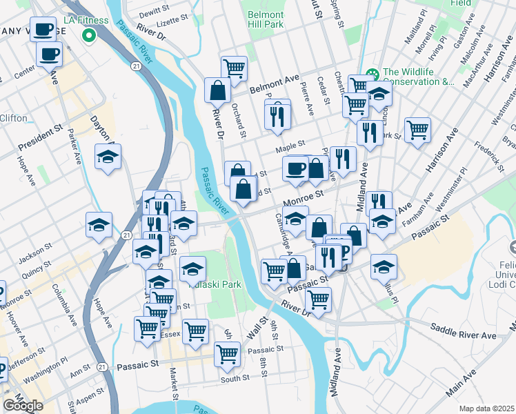 map of restaurants, bars, coffee shops, grocery stores, and more near 25 Monroe Street in Garfield