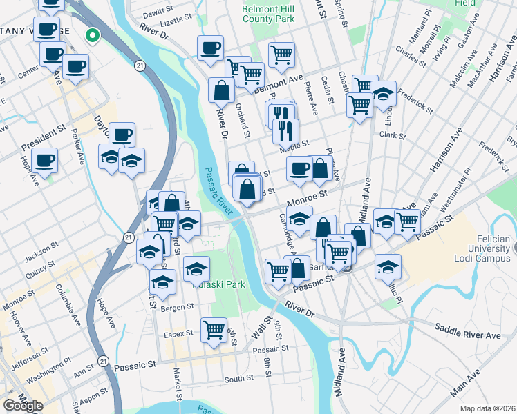 map of restaurants, bars, coffee shops, grocery stores, and more near 25 Monroe Street in Garfield