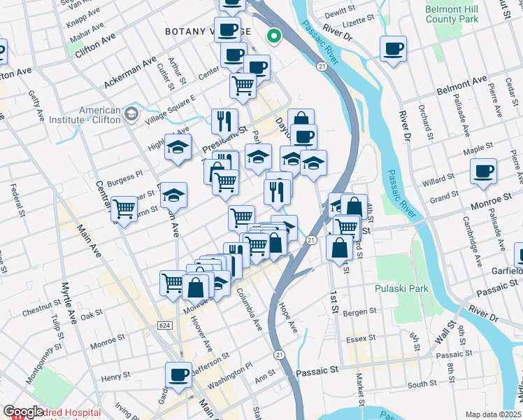 map of restaurants, bars, coffee shops, grocery stores, and more near 31 Van Buren Street in Passaic