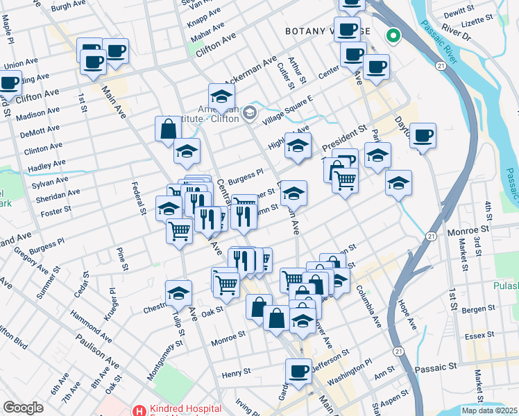 map of restaurants, bars, coffee shops, grocery stores, and more near 153 Autumn Street in Passaic