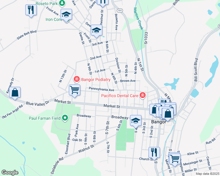 map of restaurants, bars, coffee shops, grocery stores, and more near 632 Pennsylvania Avenue in Bangor