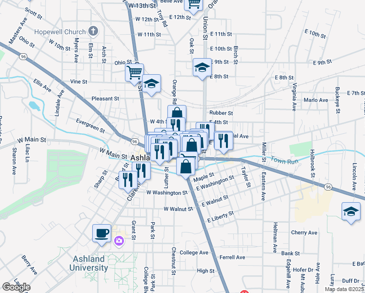 map of restaurants, bars, coffee shops, grocery stores, and more near 46 East Main Street in Ashland