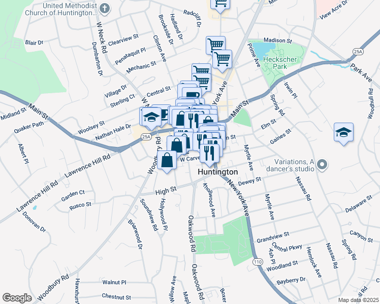 map of restaurants, bars, coffee shops, grocery stores, and more near 151 West Carver Street in Huntington