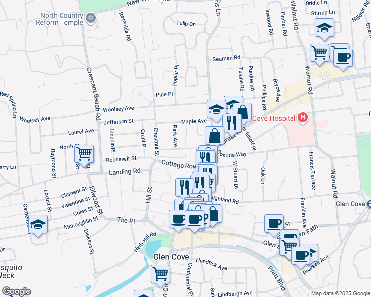 map of restaurants, bars, coffee shops, grocery stores, and more near Prospect Avenue in Glen Cove