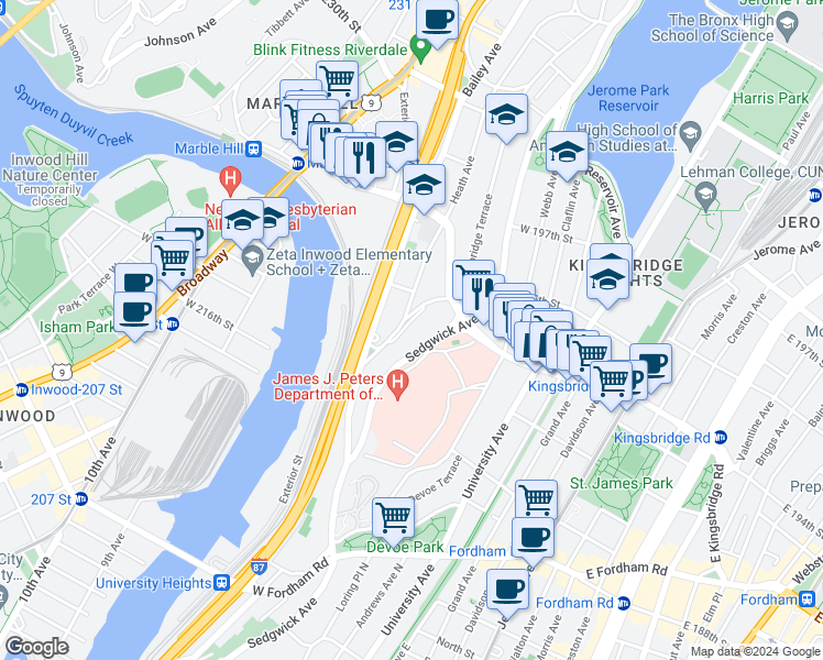 map of restaurants, bars, coffee shops, grocery stores, and more near 2630 Heath Avenue in Bronx
