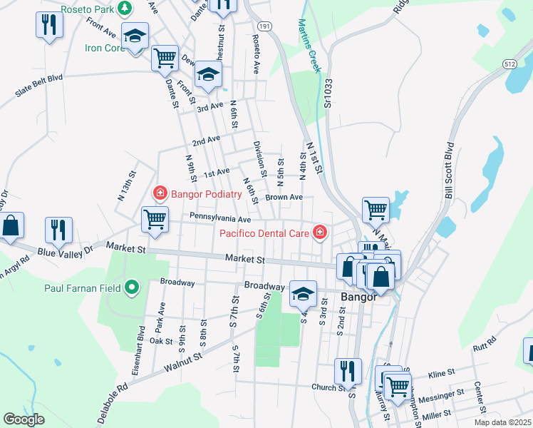 map of restaurants, bars, coffee shops, grocery stores, and more near 525 Pennsylvania Avenue in Bangor