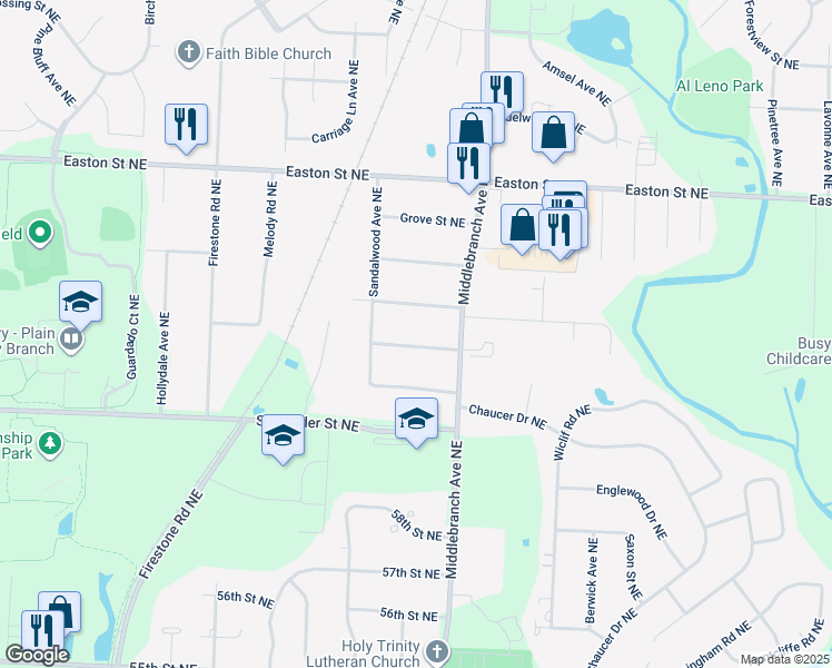 map of restaurants, bars, coffee shops, grocery stores, and more near 2520 Hollyview Street Northeast in Canton