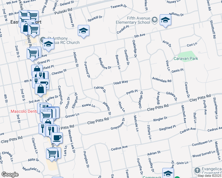 map of restaurants, bars, coffee shops, grocery stores, and more near 13 Talcott Drive in East Northport